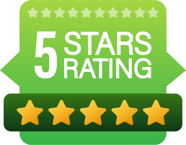 5 star rating. Badge with icons on white background. Vector